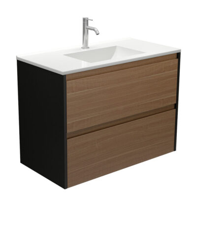 Vanessa Amato 900 Walnut Wall-Hung Vanity, Satin Black Panels