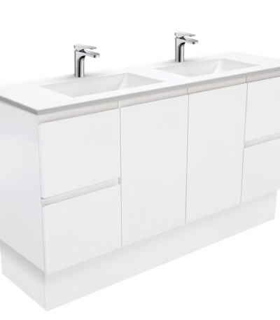 Vanessa Fingerpull Satin White 1500 Double Bowl Vanity On Kickboard