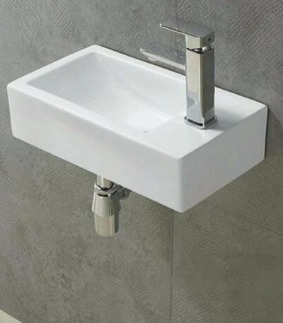 Wall Hung Ceramic Basin - Left Hand Bowl - No Overflow - Right Tap Hole - Gloss White - Rectangle - 455mm | PW4525L