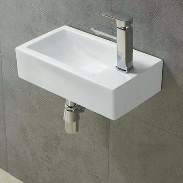 Wall Hung Ceramic Basin - Left Hand Bowl - No Overflow - Right Tap Hole - Gloss White - Rectangle - 455mm | PW4525L