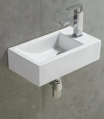 Wall Hung Ceramic Basin - Left Hand Bowl - No Overflow - Right Tap Hole - Gloss White - Rectangle - 500mm | PW5025L