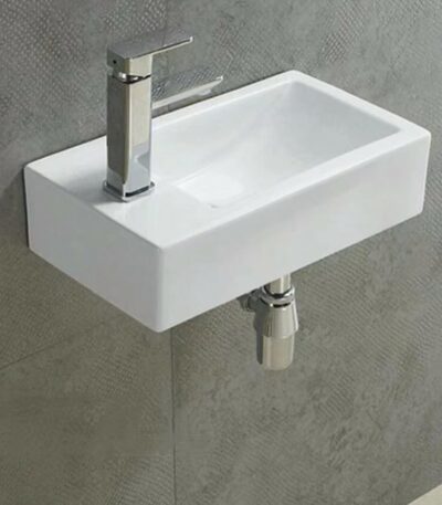 Wall Hung Ceramic Basin - Right Hand Bowl - No Overflow - Left Tap Hole - Gloss White - Rectangle - 455mm | PW4525R