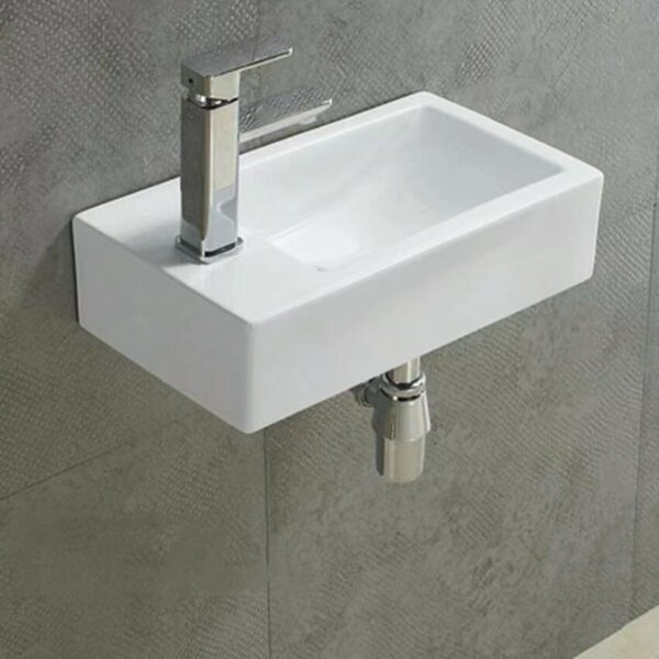 Wall Hung Ceramic Basin - Right Hand Bowl - No Overflow - Left Tap Hole - Gloss White - Rectangle - 455mm | PW4525R