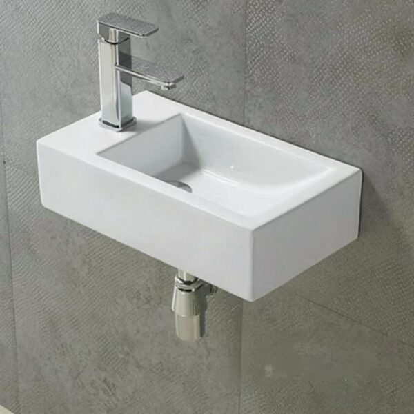 Wall Hung Ceramic Basin - Right Hand Bowl - No Overflow - Left Tap Hole - Gloss White - Rectangle - 500mm | PW5025R