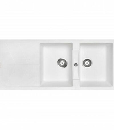 Whie Carysil Jazz D-200 Double Bowl with Drain Board Stone Kitchen Sink - 1150x500mm | TWMD-200JW