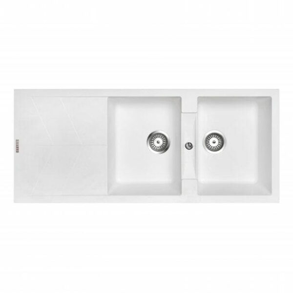 Whie Carysil Jazz D-200 Double Bowl with Drain Board Stone Kitchen Sink - 1150x500mm | TWMD-200JW