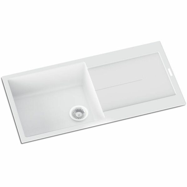 White Carysil Enigma D100L Granite Single Bowl with Drain Board Stone Kitchen Sink - 1000x500mm | TWM-ED100LW