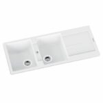 White Carysil Enigma D200 Granite Double Bowl with Drain Board Stone Kitchen Sink - 1160x460x200mm | TWM-ED200W