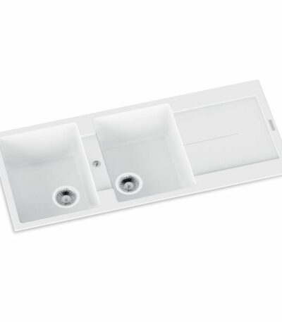 White Carysil Enigma D200 Granite Double Bowl with Drain Board Stone Kitchen Sink - 1160x460x200mm | TWM-ED200W