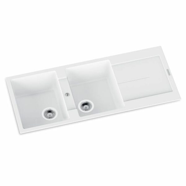 White Carysil Enigma D200 Granite Double Bowl with Drain Board Stone Kitchen Sink - 1160x460x200mm | TWM-ED200W