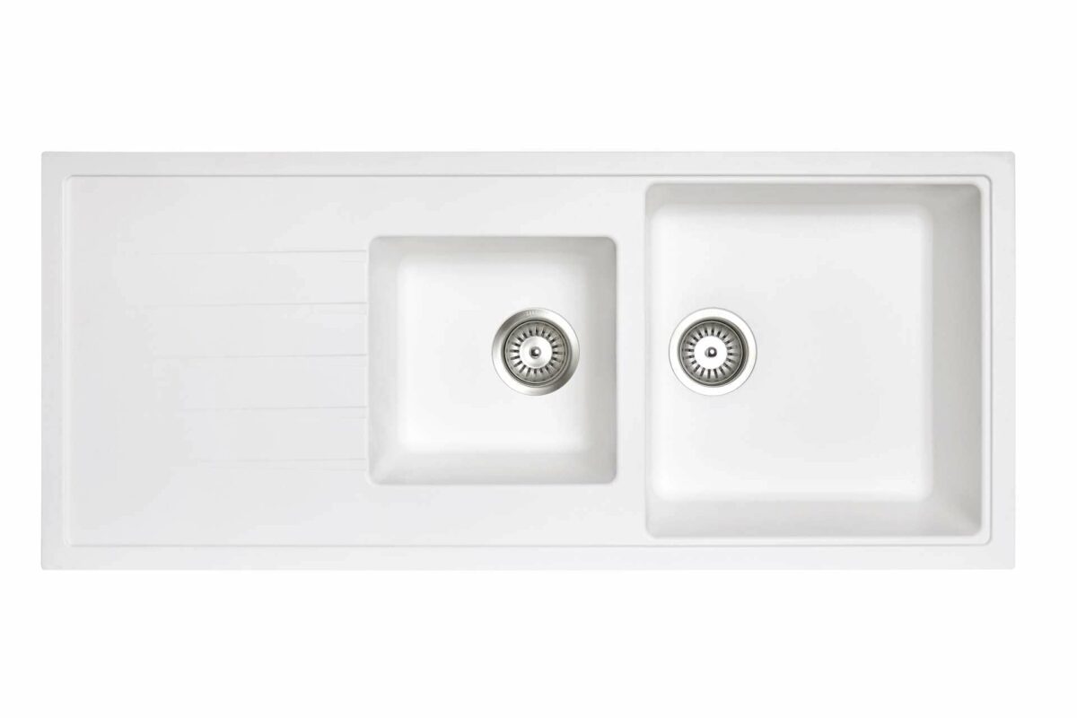 White Carysil Vivaldi D-200 Granite 1 and 1/2 Bowl with Drain Board Stone Kitchen Sink - 1160x500mm | TWMD-200VW