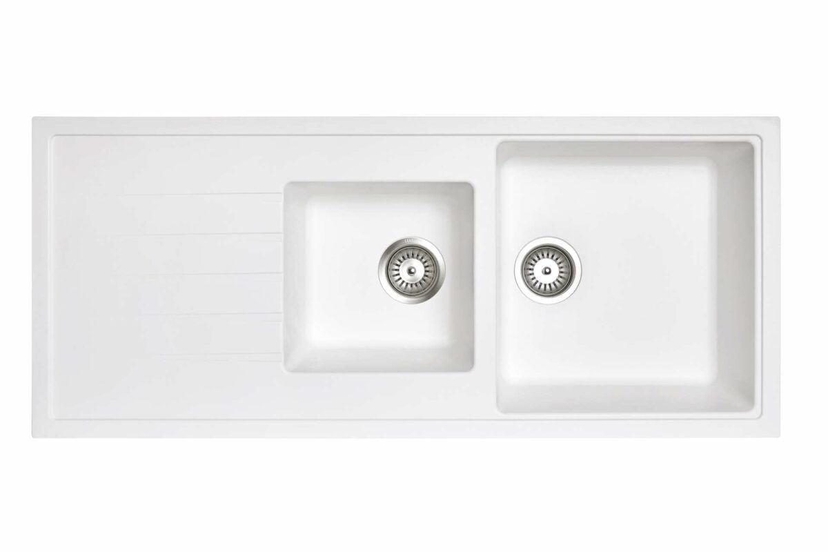 White Carysil Vivaldi D-200 Granite 1 and 1/2 Bowl with Drain Board Stone Kitchen Sink - 1160x500mm | TWMD-200VW