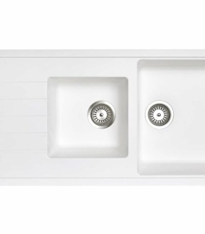 White Carysil Vivaldi D-200 Granite 1 and 1/2 Bowl with Drain Board Stone Kitchen Sink - 1160x500mm | TWMD-200VW