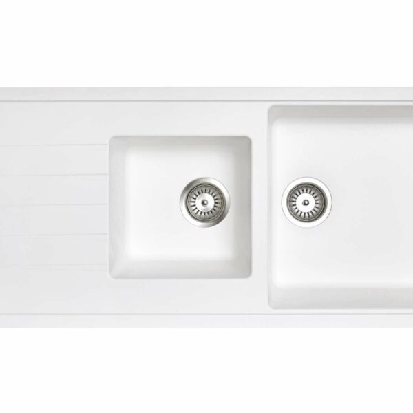 White Carysil Vivaldi D-200 Granite 1 and 1/2 Bowl with Drain Board Stone Kitchen Sink - 1160x500mm | TWMD-200VW