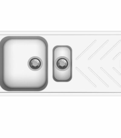 White Granite Quartz Stone 1 and 1/4 Kitchen Sink Double Bowls Drainboard Topmount - 1000x500mm | TWM-NBD150W