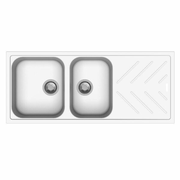 White Granite Quartz Stone 1 and 3/4 Kitchen Sink Double Bowls Drainboard Topmount - 1160x500x200mm | TWM-NBD200W