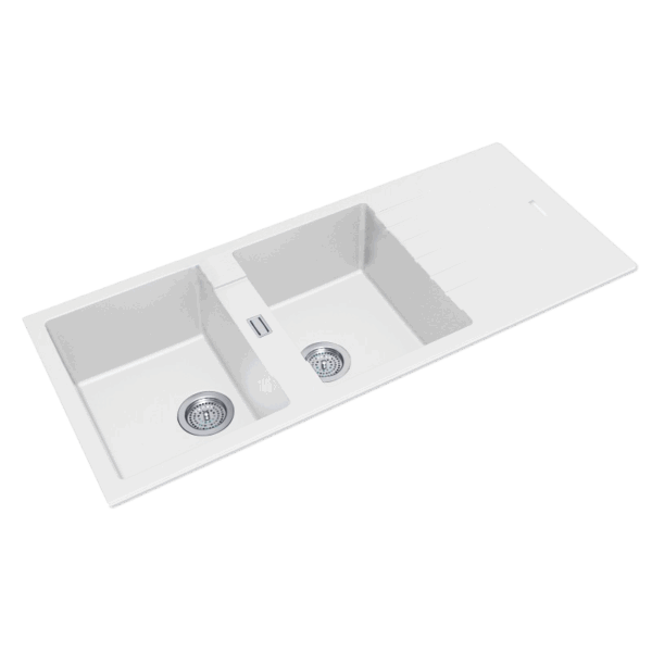 White Granite Quartz Stone Kitchen Sink Double Bowls Drainboard Top/Undermount - 1160x500x200mm | WH1150.KS