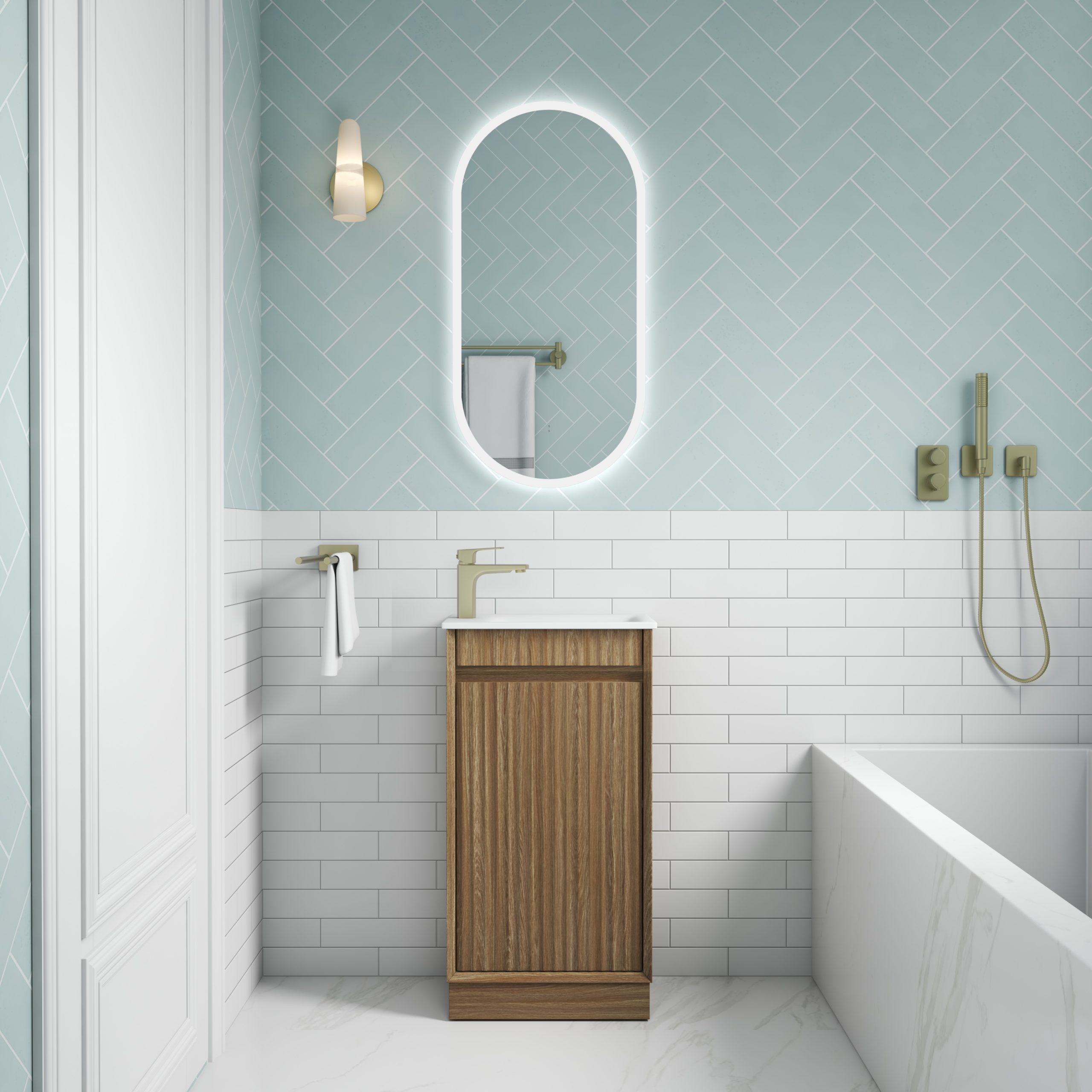 54552899LifestyleMRV450SHAF1-1-scaled-1.jpg Mini Ravia Fluted Floor Standing Harvest Oak Cabinet - Image 1