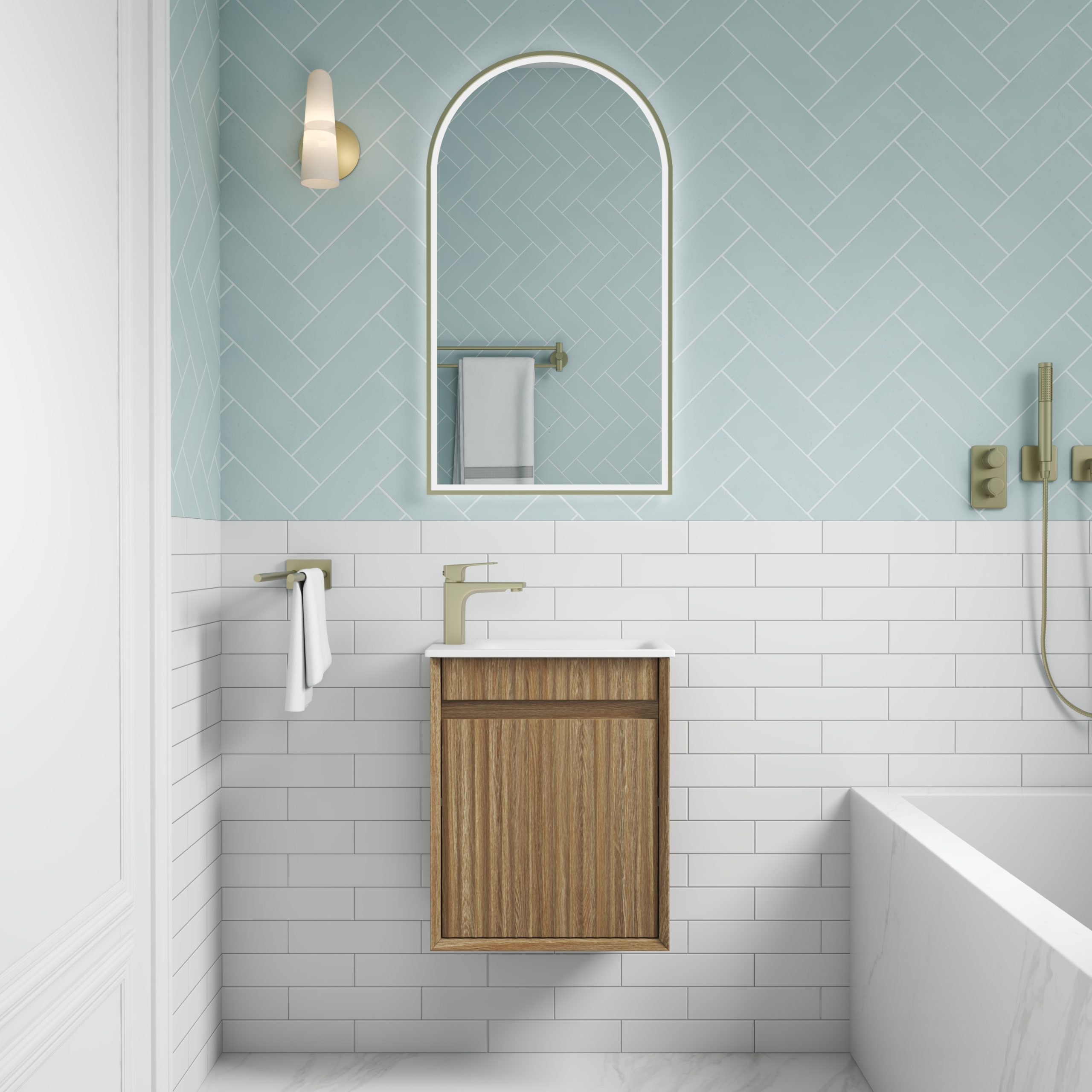 54552899LifestyleMRV450WHAF1-2-scaled-1.jpg Mini Ravia Fluted Wall Hung Harvest Oak Cabinet - Image 1