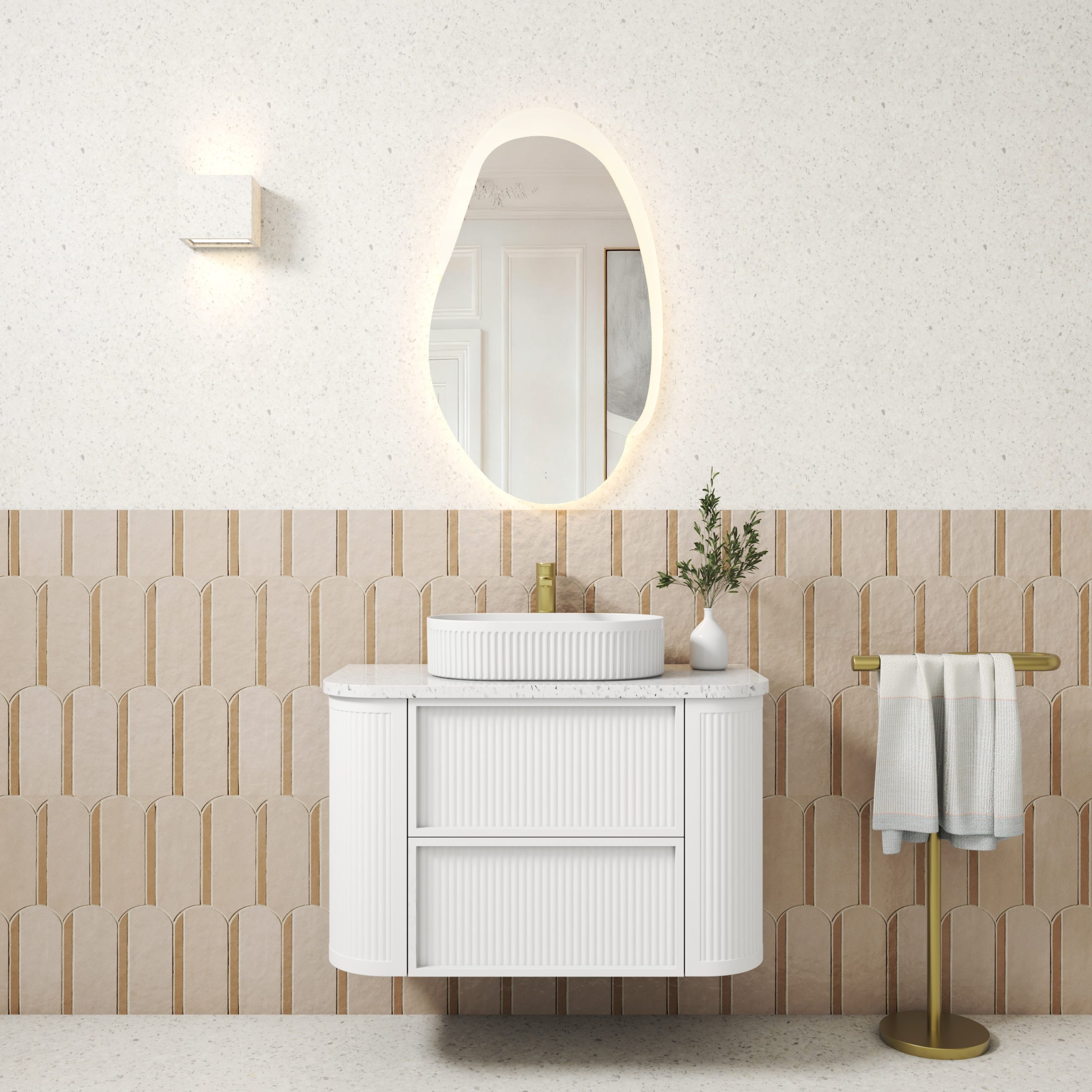 54552899LifestyleRM900WMWF1-scaled-1.jpg Ramee Fluted Wall Hung 900mm Matte White Cabinet - Image 1