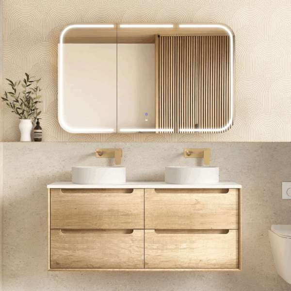Byron 1200mm Natural Oak Wall Hung Vanity Double Bowl