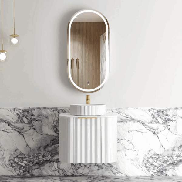 Bondi 600mm Satin White Fluted Wall Hung Curve Vanity