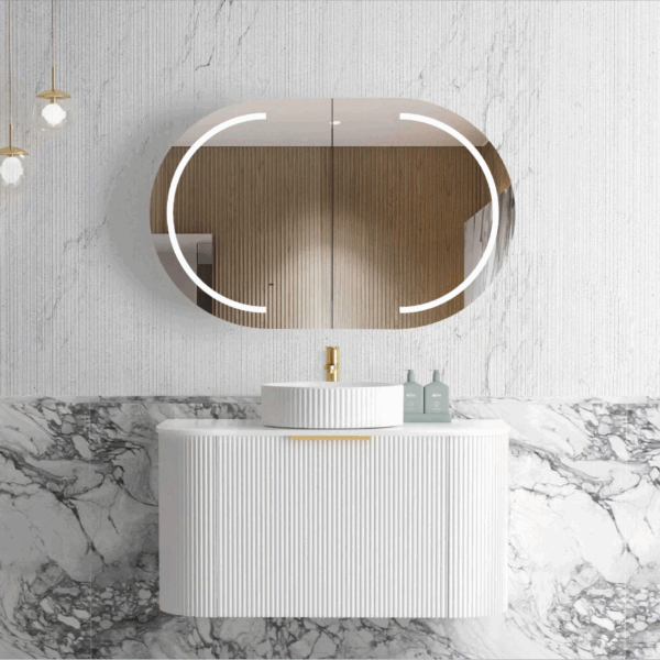 Bondi 900mm Satin White Fluted Wall Hung Curve Vanity