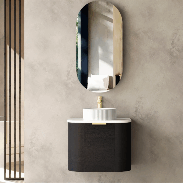 Bondi 600mm Black Oak Wall Hung Curve Vanity