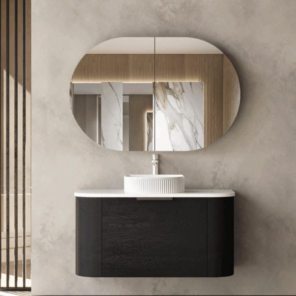 Bondi 900mm Black Oak Wall Hung Curve Vanity