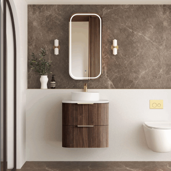 Havana 600 Sable Walnut Fluted Wall Hung Fluted Curve Vanity